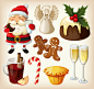 可爱卡通圣诞食品矢量素材，素材格式：EPS，素材关键词：圣诞节,拐棍糖,圣诞老人,高脚杯,姜饼人,矢量节日