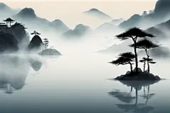 典雅唯美中国风水墨山水画装饰插画