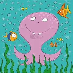 章鱼在海里或水族馆里游泳-有趣的卡通人物