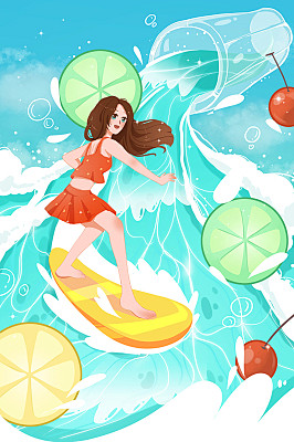 卡通手绘蓝色夏天大暑冲浪原创插画海报素材...