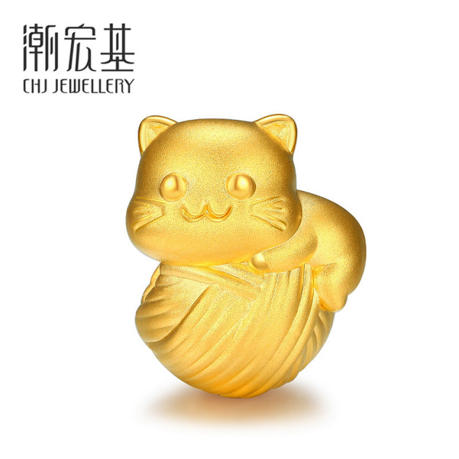 潮宏基 毛线猫 黄金串珠足金转运珠3D硬...