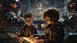 Photorealistic painting of children, futuristic cyberpunk hotel setting, crisp sharp focus, ultra realistic, intricate detail, rich textures, dramatic lighting, cyberpunk, dieselpunk, futuristic, science fiction, dreamcore, surreal, absurd
