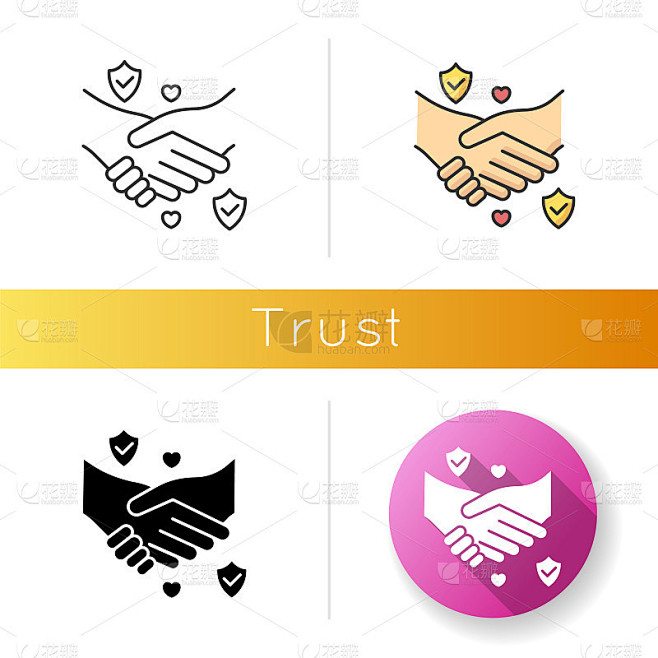 信任图标。线性黑色和RGB颜色样式。牢固的友谊，公平可靠的伙伴关系。诚信经营，人际关系。握手孤立矢量