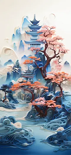 一幅山水3D水彩插图