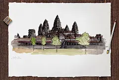 40个世界著名古迹水彩插画欣赏，吴哥窟 (柬埔寨)
