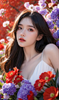  1girl, long hair, flower, Lisianthus, in the style of red and light azure, dreamy and romantic compositions, red, ethereal foliage, playful arrangements, fantasy, high contrast, ink strokes, explosions, over exposure, purple and red tone impression, abst