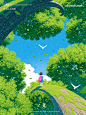 prompt ：
Create an illustration in the style of Ghibli, with two green trees forming a circle and the sky in the background with birds flying around. A little girl in red shorts walked on the path between them. The scene should have a bright blue sky and 