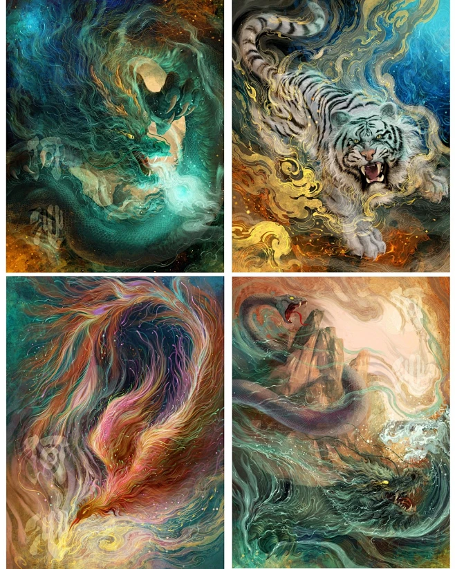 四大神兽原创插画：青龙、白虎、朱雀、玄武。_何沁__插画师作品_涂鸦王国gracg.com-花瓣网