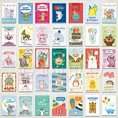 手绘卡通可爱小动物儿童生日庆祝卡片PSD分层模板设计素材矢量EPS