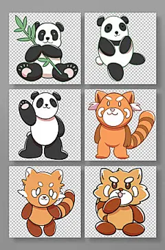 卡通大熊猫小熊猫保护动物插画元素