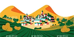 山谷农村插画  - 源文件下载【酷图网】山谷,山谷风景,山谷插画,农村,农村插画,村庄,村庄插画,生态农村,绿色农村