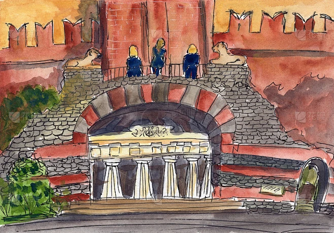 城市素描水彩插图历史建筑建筑文化克里姆林宫墙柱柱廊红色广场俄罗斯莫斯科蓝天