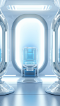 three futuristic futuristic space ship vehicles in white background with blue background illustration, in the style of mirror rooms, confessional, back button focus, empty space, kitchen still life, luminescent light, screen format