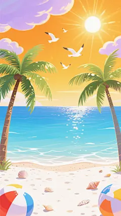 一幅充满夏日氛围的海边插画，整体采用明亮鲜艳的色彩风格，以温暖的橙黄色为天空主色调，搭配淡紫色的云朵和金色的阳光。画面下方是白色的沙滩，点缀着贝壳和彩色的沙滩球。中间是渐变的蓝色海水，波光粼粼。左侧和右侧各有一棵高大的绿色椰子树，枝叶向画面中央伸展。天空中有几只白色的海鸥在飞翔，阳光透过树叶洒下斑驳的光影，营造出轻松愉快的氛围。