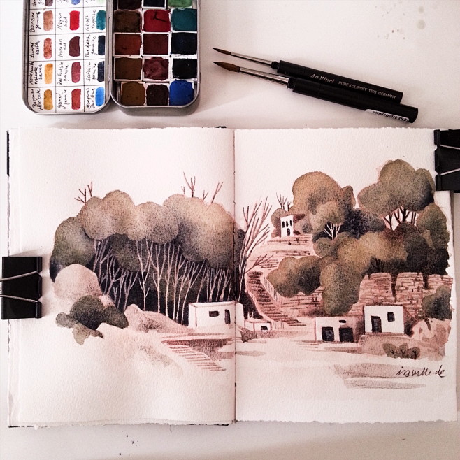 手绘，水彩，风景，村庄，来自插画师Ira...