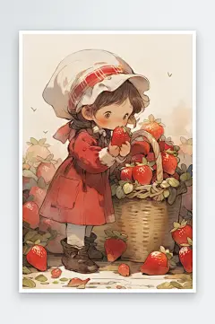 数字艺术手绘插画小红帽摘草莓艺术女孩-众图网
