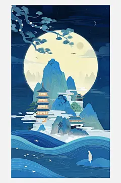 国潮中国风古风节气中秋山水插画