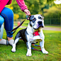 Prompt:  a woman sitting on the grass in a park, holding the leash of her Staffie who is sitting next to her, looking up to her. The woman is resting her hand on her Staffie's head, as the dog leans into her touch. They are both looking into the camera wi