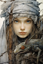 Silverpoint. A gorgeous frog witch Alice in Wonderland, DND dream girl, age 20, in heavy armor, wearing patchwork longcoat, soulful eyes. Dramatic lighting, colorful watercolor by Brian Froud and Arthur Rackham and Virginia Sterrett