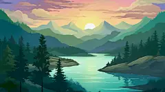 扁平插画扁平渐变插画色彩配色邻近色配色山水画中国风风景插画山脉湖泊森林自然风光