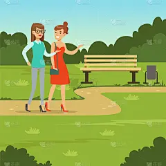 两个女性朋友在公园散步，友情概念矢量插画