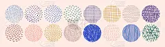 彩色抽象圆纹理的点，滴，笔画，弧，勾，线。矢量手绘圆形几何元素