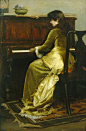 古典油画中弹钢琴的女性。