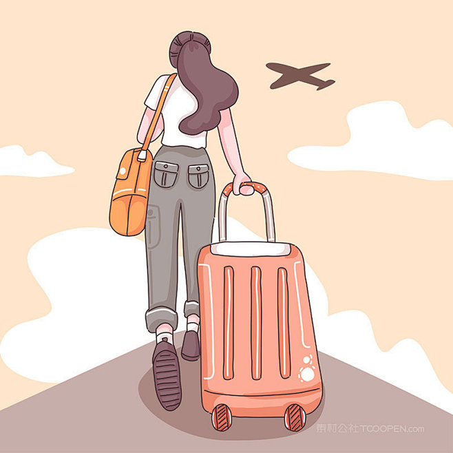 女孩拖着行李箱去旅游插画