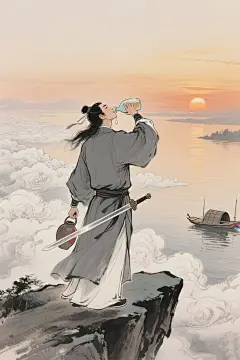 古风插画人物身着古装立于孤崖持酒畅饮
