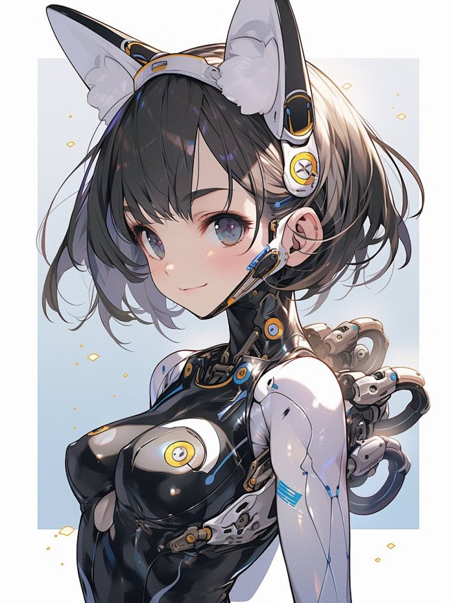 白黒猫耳サイボーグ少女 black and white cat ear cyborg girl 耳の所のもふ毛が可愛い #AIねこみみ ...
