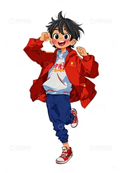 红色衣服开心奔跑卡通手绘插画男孩高清模板免费下载-趣麦麦图