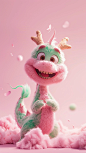 Pixar animation style, a pink green Chinese dragon, made of cotton candy material, with a happy expression. The background of the ID photo is pink, with a half side composition. Standing, the whole body is centered, hard light, strong light sense, c4d, 8k