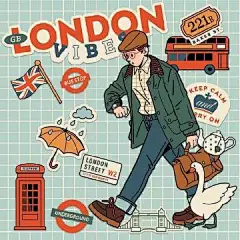 插画与文字的排版 ​​​ 英国伦敦英式电话厅巴士鹅下雨雨伞茶壶英伦风蓝绿红插画