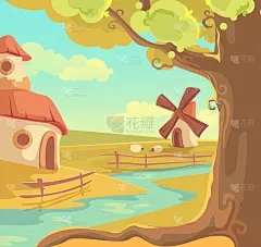 梦幻乡村景观矢量插画，可爱的卡通美丽的夏日风景，童话般的村舍为神奇的人物河边小屋