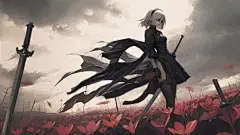 尼尔机械纪元2B黑色裙子 剑 红色花朵 游戏美女壁纸