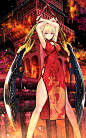 original catbell 1girl architecture armpits arms up bangs blonde braid breasts china dress chinese clothes cleavage cleavage cutout closed mouth dragon print dress dual wielding east asian architecture eyebrows eyebrows visible through hair fire hair bun