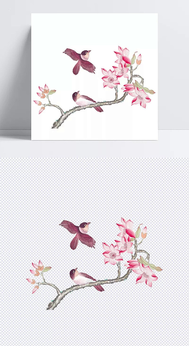 花和小鸟|树叶,红色花朵,手绘小鸟,动物...