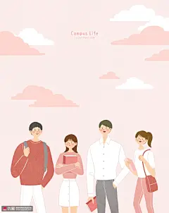 校园生活同学少年淡彩手绘人物插画 人物插画 卡通男女