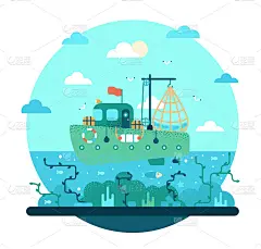 渔船载网满海鱼。矢量卡通插图在平坦的风格