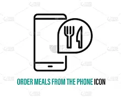 订餐和智能手机细线图标，在互联网上购买食物的概念与白色背景的手机标志。
