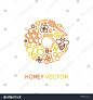 矢量徽标和包装设计模板中的线性款式新潮-天然和农场蜂蜜的概念-用蜜蜂，蜂窝和鲜花标签和标记
