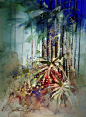 Forest Light - watercolor John Lovett [ http://johnlovettwatercolorworkshop.com/brush-work/ ] - "This painting shows a number of different brush techniques. Dragging lines and sweeping lines are used in the vertical trees. The foreground is punctuate
