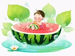 夏日处暑清凉荷花荷叶孩童在西瓜泡场中玩耍插画卡通桌面壁纸