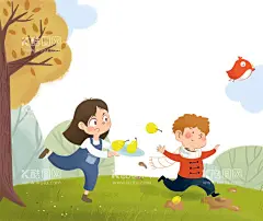 草地插画  - 源文件下载【酷图网】插画,儿童,草地,玩耍,秋日插画,小鸟,果盘,梨子,雪梨,女孩,男孩,绿草地,草坪,大树,泥巴,奔跑,打闹,开心