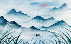 手绘水墨山水画云雾芦苇中国风古风插画背景高清模板免费下载-趣麦麦图