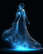 Blue goddess dress for female fantasy design, in the style of glowing lights, psychological phenomena illustrations, graceful balance, symbolic elements, translucent water, dark whimsy, dance