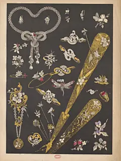 画工极佳的爱德华时期古董珠宝手绘插图 1 : 今天来分享一份画工极佳的爱德华时期古董珠宝手绘插图。 爱德华风格体现了雍容华贵，高雅温婉的王者之风。不过，新艺术时期强烈的艺术气息并没有被完全摒弃。非常庆幸的是，工艺的进步和材质的精良让新的花环风格更
