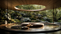 This may contain: a circular room with rocks and trees in the background