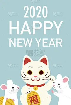 鼠,招财猫,贺卡,新年前夕,2020,圣伯纳犬,多色的,蓝色,可爱的,传统