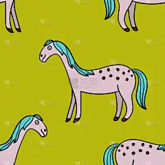 绘画插图,四方连续纹样,可爱的,矢量,马,细的,手,轮廓线画,绿色背景,微笑